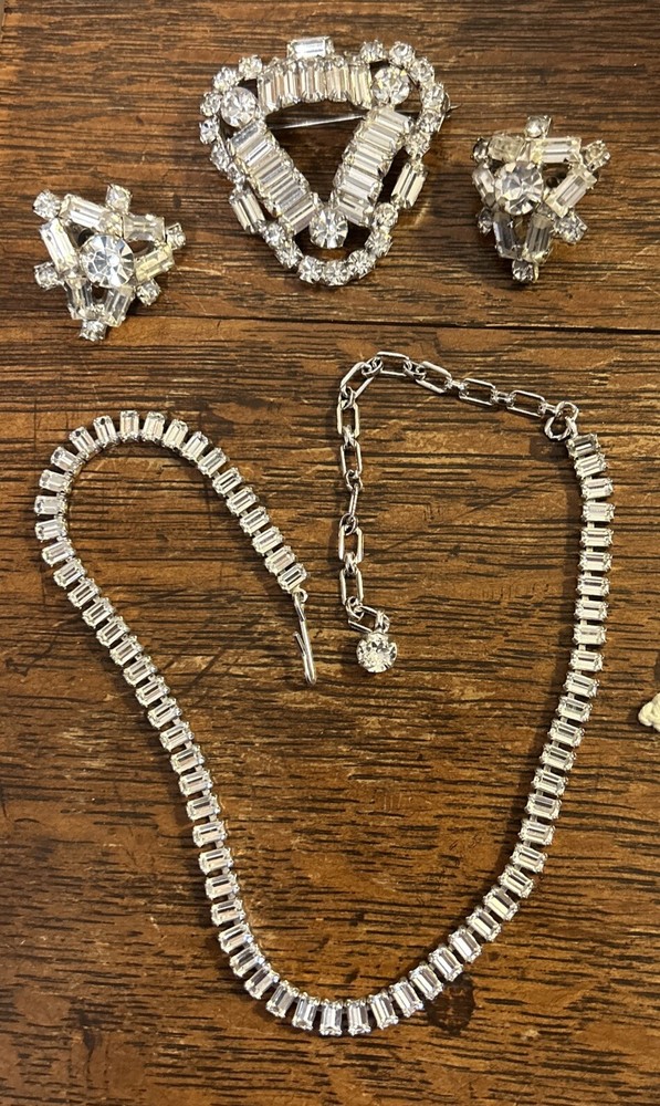Vtg Gorgeous B. David Rhinestone Necklace Brooch & Screw Back Earrings