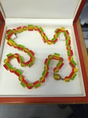 Vtg Multi-Colored Bakelite Cube Ball Necklace with Gold-Plated Clasp Metal Beads