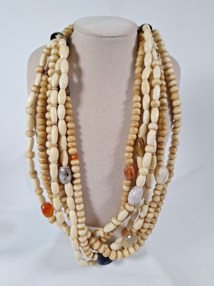 Bleached 6 Strand Tan & Beige Necklace With Agates 21.5″