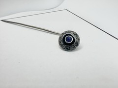 Antique Silver Tone Hat Stick Pin White Blue Glass Stones Unsigned Estate Read