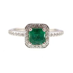 Pettie 14k Solid White Gold .60ct Natural Emerald and Diamond HALO Ring Sz 5.25