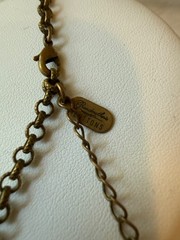 Grandmother’s Buttons Art Glass Necklace Moon Face Vintage Blue Bead Brass Chain