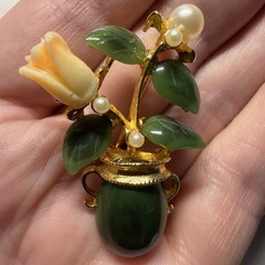 Jade Coral Pearl Brooch Pin Vintage Gemstone Jewelry