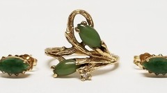 Vintage Green Jade Diamond 14K Yellow Gold Ring & Small Stud Earrings SET SZ 5.5