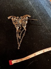 Vintage Butterfly Silver Tone Filigree Black Rhinestone Brooch Pin Marcasite