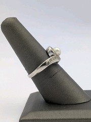 Nevada Silver Mines Vtg Sterling Silver Pearl & White Topaz Bypass 925 Ring Sz 7
