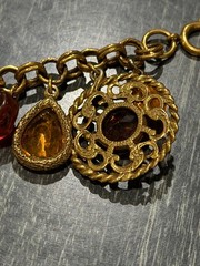 Vintage FLORENZA Fleur de Lis Amber Glass Charm/ Fob Etruscan Bracelet