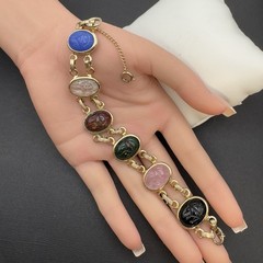 Vintage Double‑Strand Scarab Bracelet Gold Tone Carved Stones Safety Chain 7in