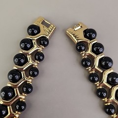 Vintage Beaded Necklace Black Gold Tone Collar Choker SHORT 14.5″
