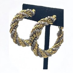Vintage Gold Tone Twisted Rope Hoop Earrings Grey Silver Beaded Screw Back MCM