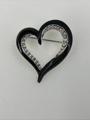 Vintage Liz Claiborne Open Heart Black Enamel Rhinestone Brooch