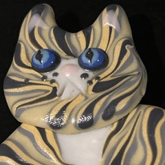 Vintage Signed 90s Handmade Jewelry Glazed Yellow Striped Cat Pin Glass Eyes