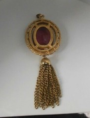 Signed Avon Purple Faceted Glass Stone & Faux Pearl Gold-Tone Pendant w/Tassel