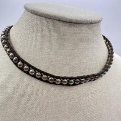Vintage 90s Choker Necklace Silver Tone Ball Bead Brown Leather Boho Jewelry Y2K