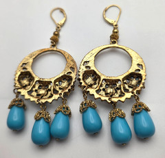 Vintage Moroccan Style Filigree Drop Earrings Blue Bead Gold Tone Dangle 3.5 in