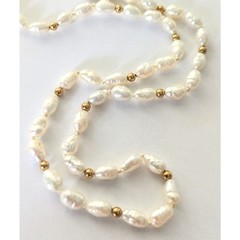 14K Yellow Gold White Fresh Water Pearl Beaded & Knotted Necklace 18″