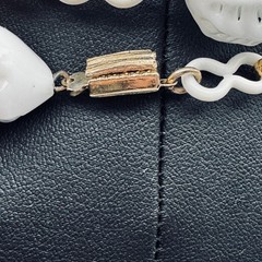 Vintage White Milk Glass & Acrylic Charm Necklace 30″ Drop Mid-Century Statement