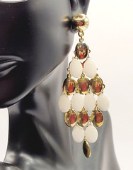 White & Gold Tone Metal Chandelier Cascade Dangle Vintage Earrings Ballroom