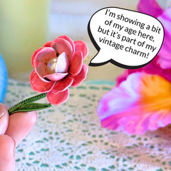Vintage Pink Enamel Rose Brooch Faux Pearl Floral Pin Mid Century Cottagecore