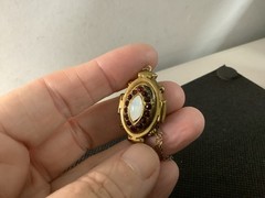 VTG/Antique brass?Czech? Garnet rhinestones Opalite glass pendant necklace 18″