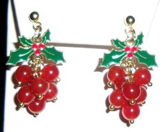 Vintage Holly Leaf Berries Earrings-Enamel Red Beads-Dangle Pierced