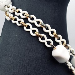 Vintage White Milk Glass & Acrylic Charm Necklace 30″ Drop Mid-Century Statement