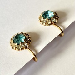 Halo Aquamarine Blue Rhinestone Vintage Gold Tone Vargas Screw Back Earrings