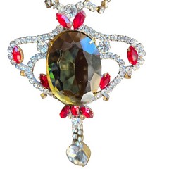 Vtg Signed Husar D Czech Glass Festoon Necklace Green Center Red Accent Stones