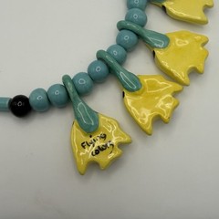 VTg Flying Colors Necklace Ceramic Angel Fish Yellow Blue 1980’s Coastal Cruise