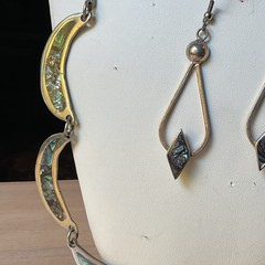 Vintage Alpaca Mexican Inlayed Mother Of Pearl Abalone Necklace And Earrings