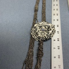 Fabric Flower Necklace 36 In Silver Seed Beads Black White Rhinestone Retro 80s