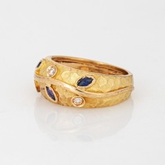 80s Portuguese Vine Leaf Ring 19k Yellow Gold Sapphire Diamond Band Sz 8.5