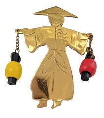 Gold Tone Brass Made in Brazil Asian Water Lantern Man Brooch Pin