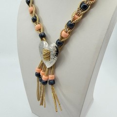 Boho Heart Bolo Necklace Gold Tone Woven Cord Peach Black Beads