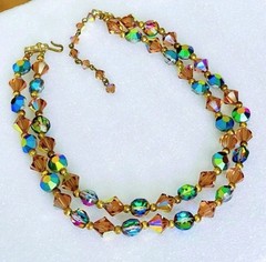 Vintage 1960s Two Strand Topaz Brown Blue Green Carnival Crystal Glass Necklace