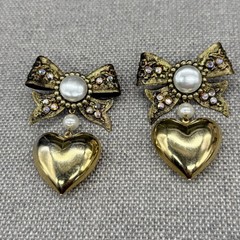 Vintage Earrings Large Gold Tone Bows Puffy Hearts AB Rhinestones 2.5 Inches