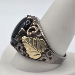 Vintage Coleman Black Hills Gold 925 Sterling Silver & 12K Onyx Leaf Ring sz 11