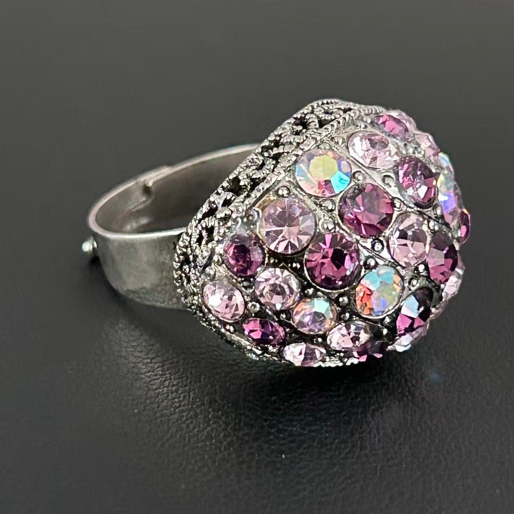 Vintage Silver Tone Pink Purple Rhinestone Dome Cocktail Ring Adjustable
