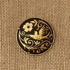 Vintage Damascene Brooch Lot Bird Floral Black Gold Tone Trombone Clasp