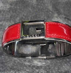 Rare GUCCI Bangle Vintage Red Leather G Logo Open Cuff Bracelet Adjustable