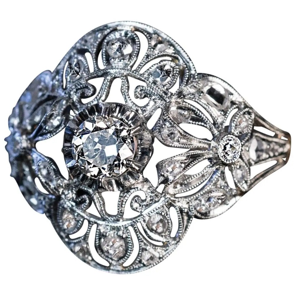 Antique Art Deco Style Round Lab-Created Diamond Wedding 14K White Gold FN Ring