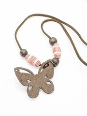 Brown Carved Wood Butterfly Leather Cord Red White Bead Necklace