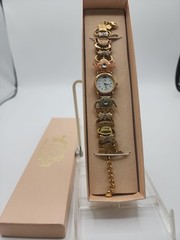 Vintage RARE HTF Signed Goldtone Kirks Folly Enameled Tea Party Watch w/Box 8″