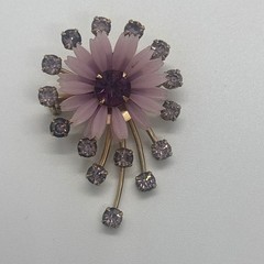 Vintage Pink Flower Sunburst Brooch Lavender Rhinestone Gold Tone Spray Pin