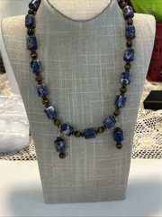Lapis Lazuli & Tigers Eye Gems Necklace 20” Pierced Earrings 1 3/4” By 1/4”