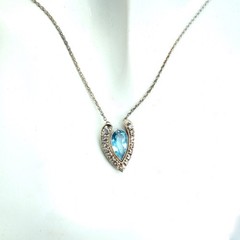 14K White Gold Blue Aquamarine Diamond Artistic Pendant Necklace, 18 Inch Chain