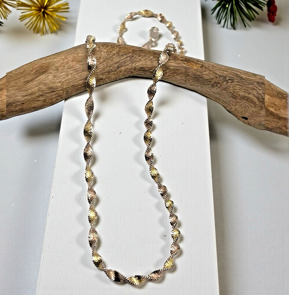 Vintage FAS Italy Gold Vermeil 925 Sterling Twisted Herringbone Necklace, 18″