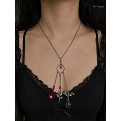Handmade Gothic Triple Dangle Necklace Heart Pendant with Bat, Rose Red Crystal