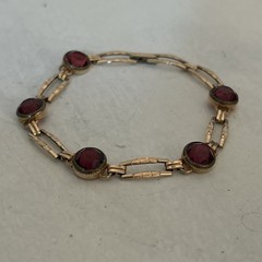 VTG Simmons Art Deco Bracelet Red Faceted Glass 10k Gold Filled Links Signed