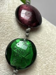 Vintage Artisan Glass Disks Double Knotted Cord Necklace Blue Green Topaz 20”